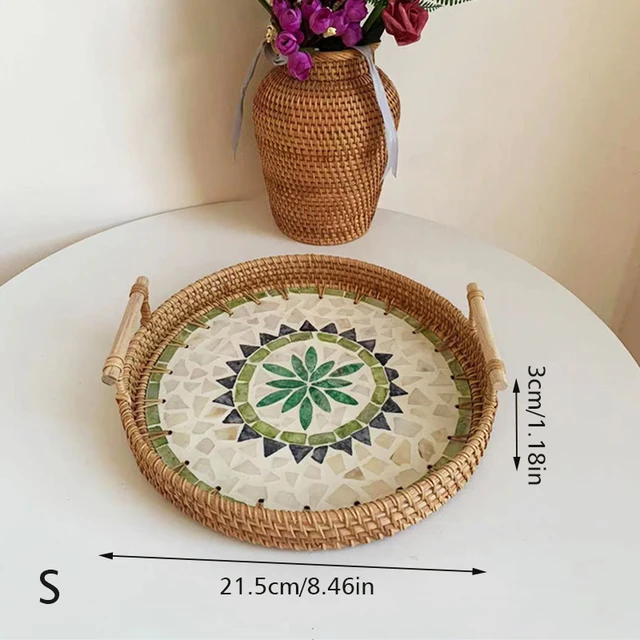 Vassoio Decorativo Decorasian In Rattan E Conchiglia - Stile Boho, 32x22 Cm, Per Portata O Decorazione