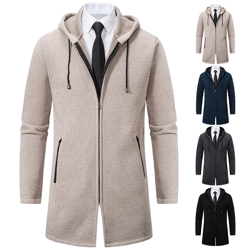 Male Knit Trench Coat Long Zipper Cardigan Winter Autumn New Sweater Korean Checkered Men's Luxury Parkas Hooded Overcoat