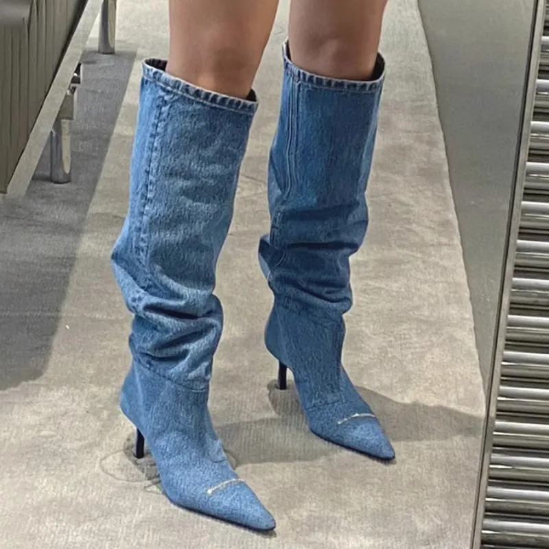 

New Cowboy Knee High Chelsea Boots New Autumn Winter Pointed Toe Women Stilettos Shoes Gladiator Motorcycle Mujer Zapatillas