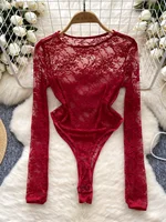 Foamlina American Women's Clothing Sexy Perspective Crochet Lace Bodysuit Women's Elastic Slim Inside Long-sleeved Top T-shirt