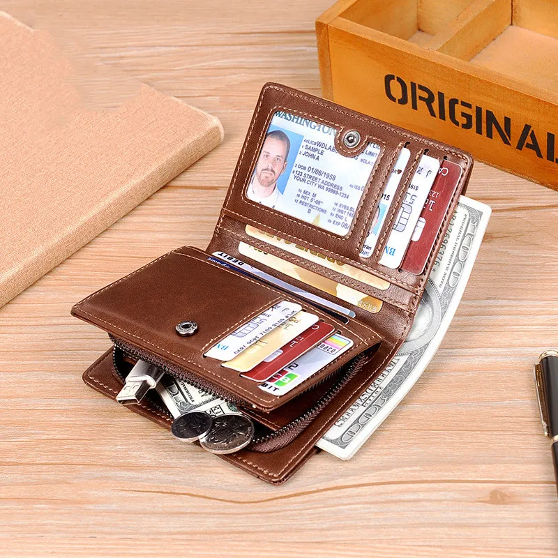 Vintage Soft Leather Men's Short Wallet RFID Blocking Coin Purse Man Business ID Card Holder Luxury Male Zipper Money Clip