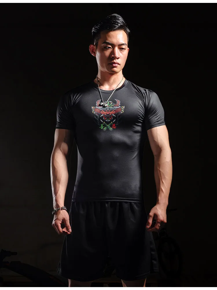 Herren Kurzarm T-Shirt Kompressionsshirt Chinesischer Schriftzeichen Druck Herren Tops Sommer Atmungsaktives Laufshirt Gym Kleidung – Detail 3