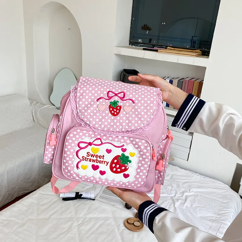 

Pink Girl Embroidery Strawberry Children's Schoolbag Student Girls Birthday Gift 2023 New Japanese Cartoon Children Backpack