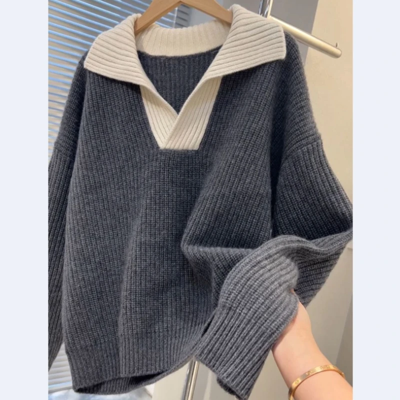 

Women's Oversized Sweater Pullover Contrast Color Knitwear for Autumn and Winter Thickening Loose Slimming Top Gray Sweaters 4XL