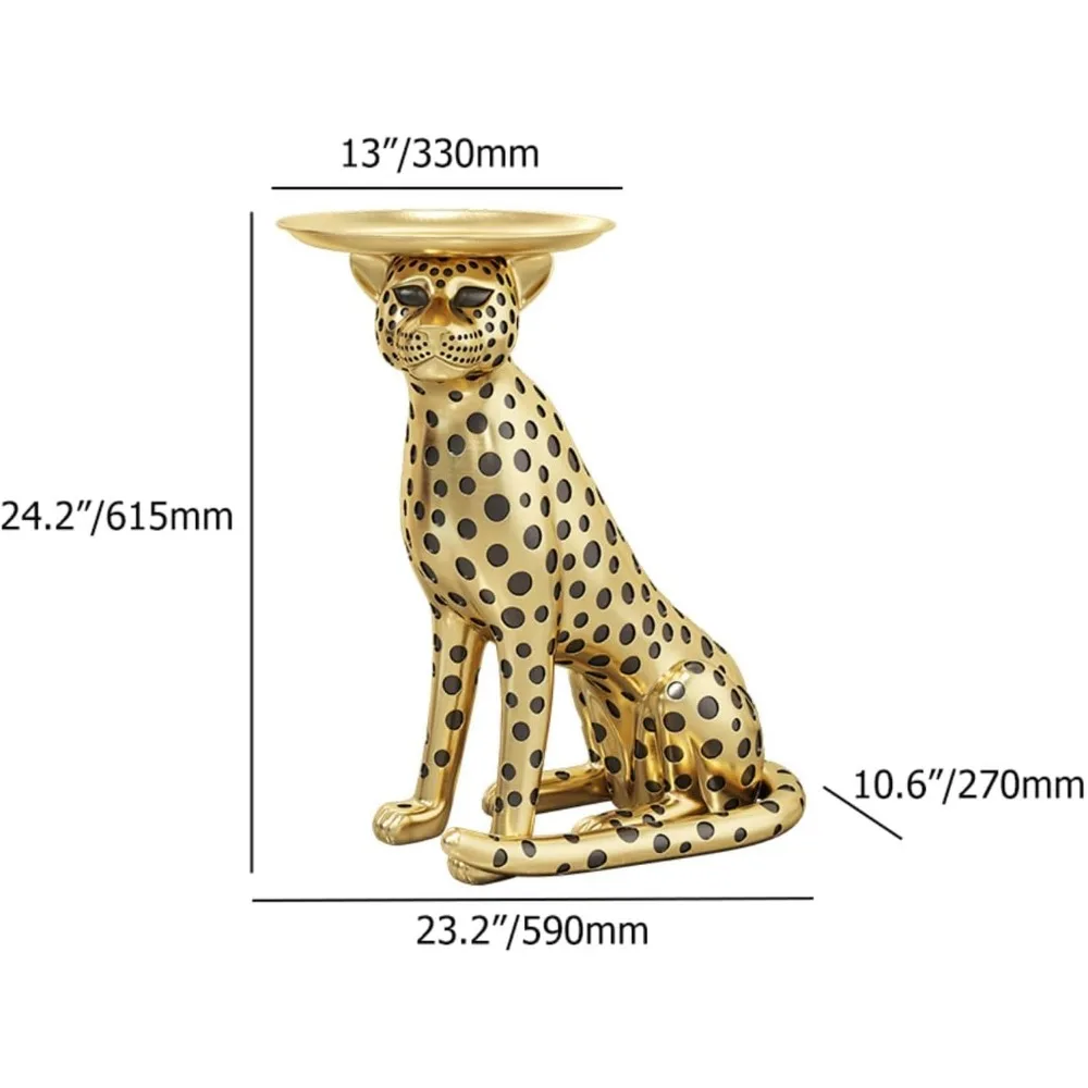 Animal Side Table with Tray Top– Gold Leopard Statue Panther Figurine End Table Art Decor for Home & Gifts