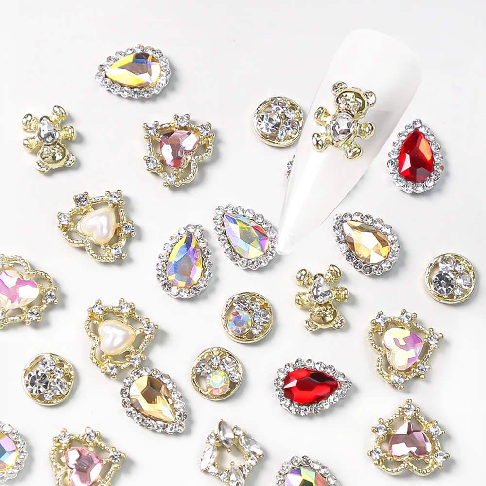 

10PCS 3D Nail Art Decorations Metal Hollow Rhinestones Crystal Heart Gold Bear Nails Charms Diamond Luxury Drops Manicure Decor