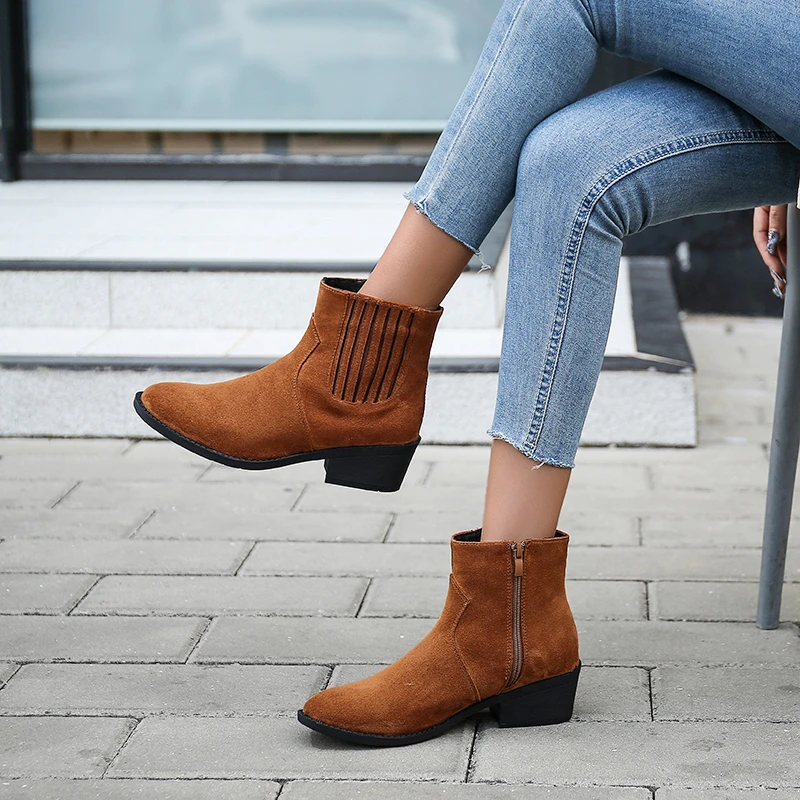 

Зимняя женская обувь, женские ботильоны с боковой молнией, женские ботинки на среднем квадратном каблуке, уличная теплая повседневная женская обувь