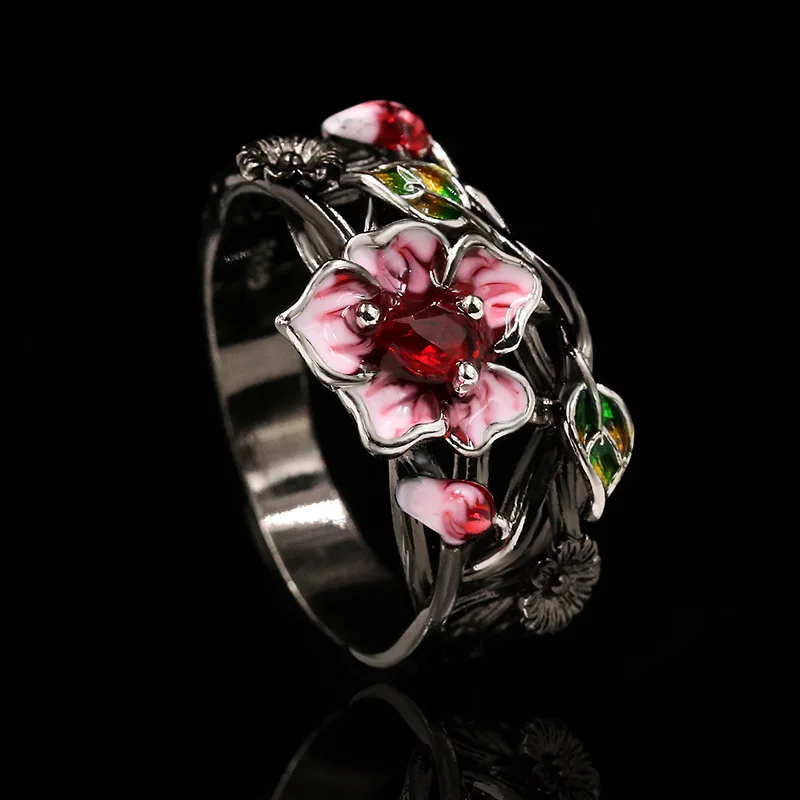 Silver Ring silver ring wedding rings silver rings rose flower ring Exquisite Women's Jewelry Red Flower 925 Silver Ring Creative Elegant Women's Jewelry Attend Banquet Wedding Ring