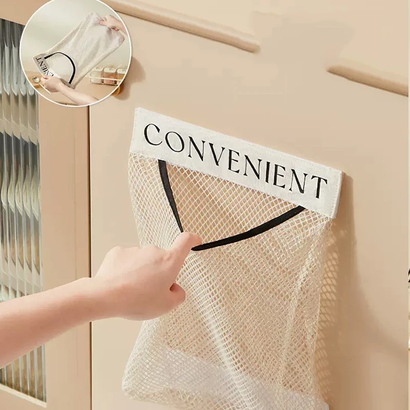 1/4pc Wall Hanging Storage Mesh Bags Kitchen Garbage Bag Shopping Bag Dispenser Sundries Bag Packaging Plastic Bag Organizer Bag 4