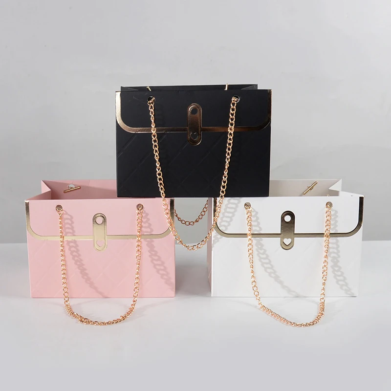 1/3pcs Elegant Portable Flower Gift Boxes Metal Chain Handles Paper & Metal Bouquet for Wedding Birthday