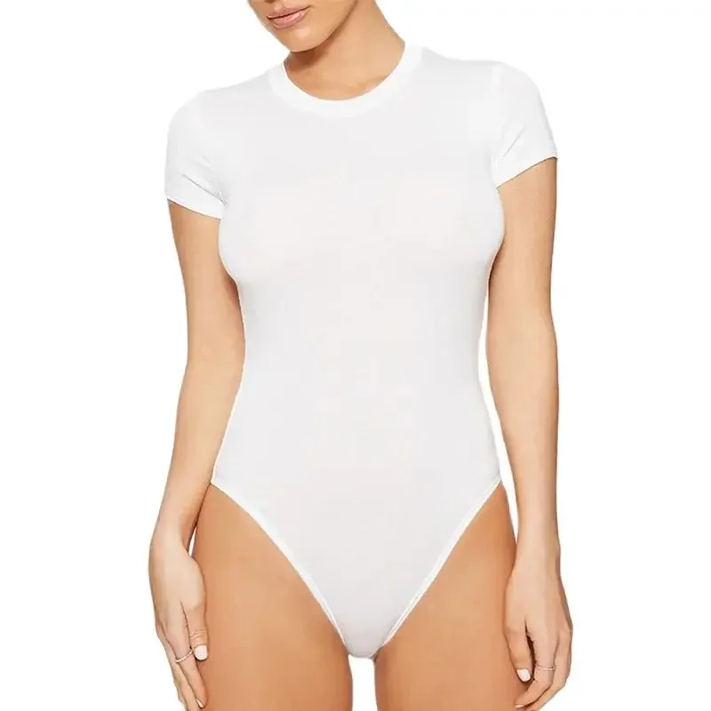 Women Solid Color Slim Fit Short Sleeve Bodysuit Without Trouser Leg Buttons Splicing Rompers Female Summer Casual Commuter Wear women jumpsuit