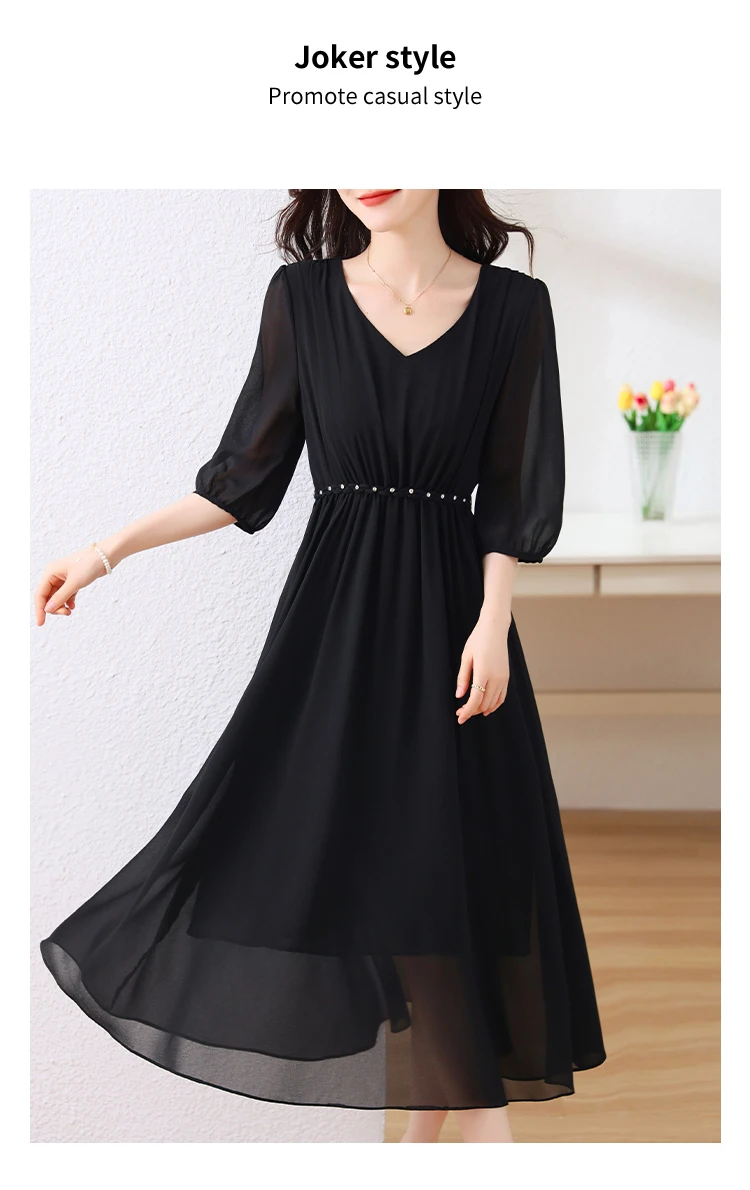 Black Chiffon Elegant Party Solid Long Vestido Women Elegant Prom Midi Clothes 2024 Summer Vintage Hepburn Evening Pleated Dress