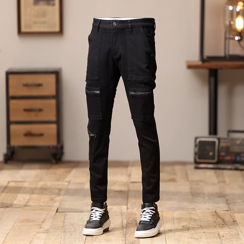 Street Fashion Men Jeans Black Stretch Skinny Hip Hop Jeans Zipper Pocket Designer Elastic Denim Pencil Pants Men Punk Trousers