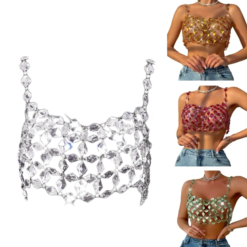 

Womens Crystal Chain Bras Top Hollow Rhinestones Body Jewelry Harness Clubwear