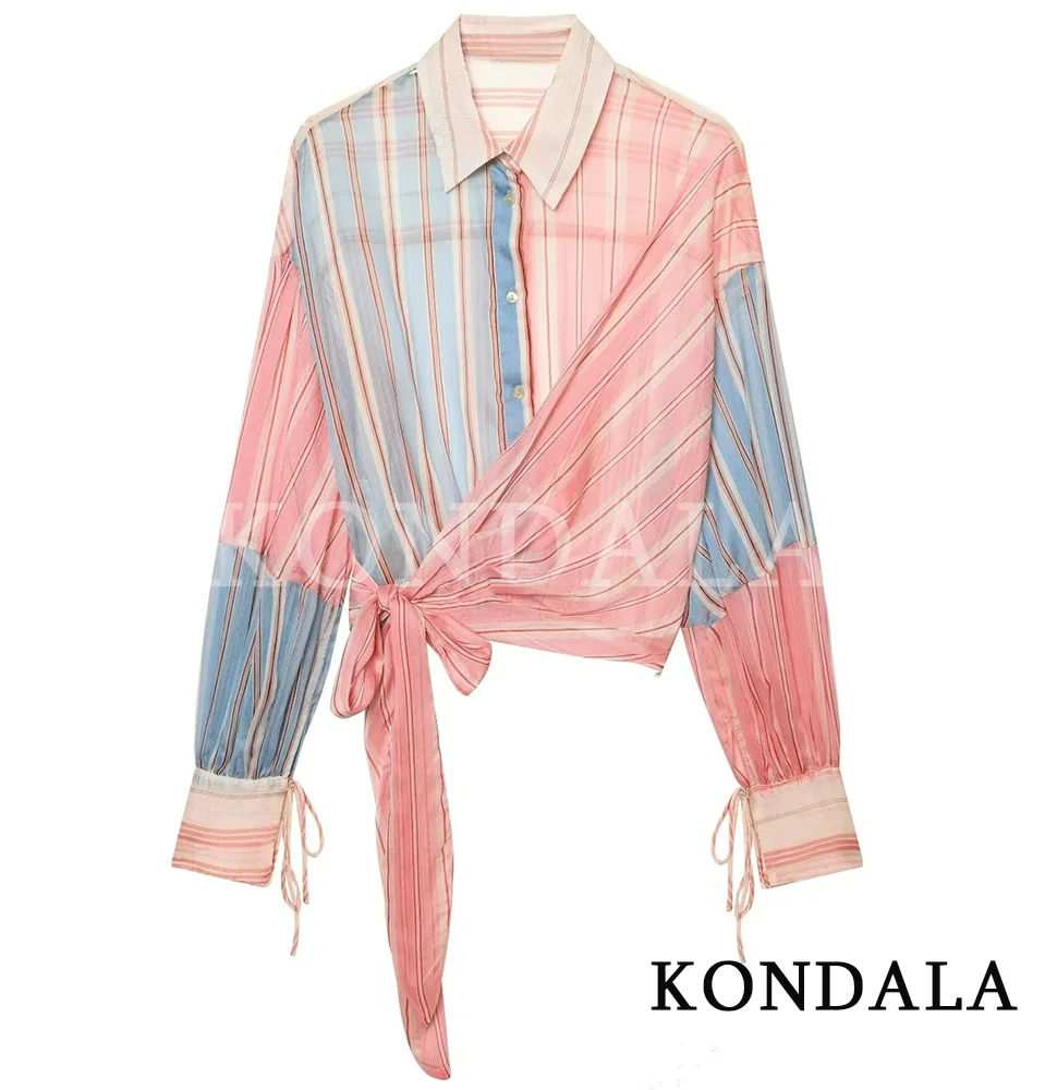 Chemise rayée élégante et unique KONDALA pour femme, avec nœud à la taille, transparente, collection été 2026, style urbain, idéale pour les vacances 1 Chemise rayée élégante et unique KONDALA pour femme, avec nœud à la taille, transparente, collection été 2026, style urbain, idéale pour les vacances 1