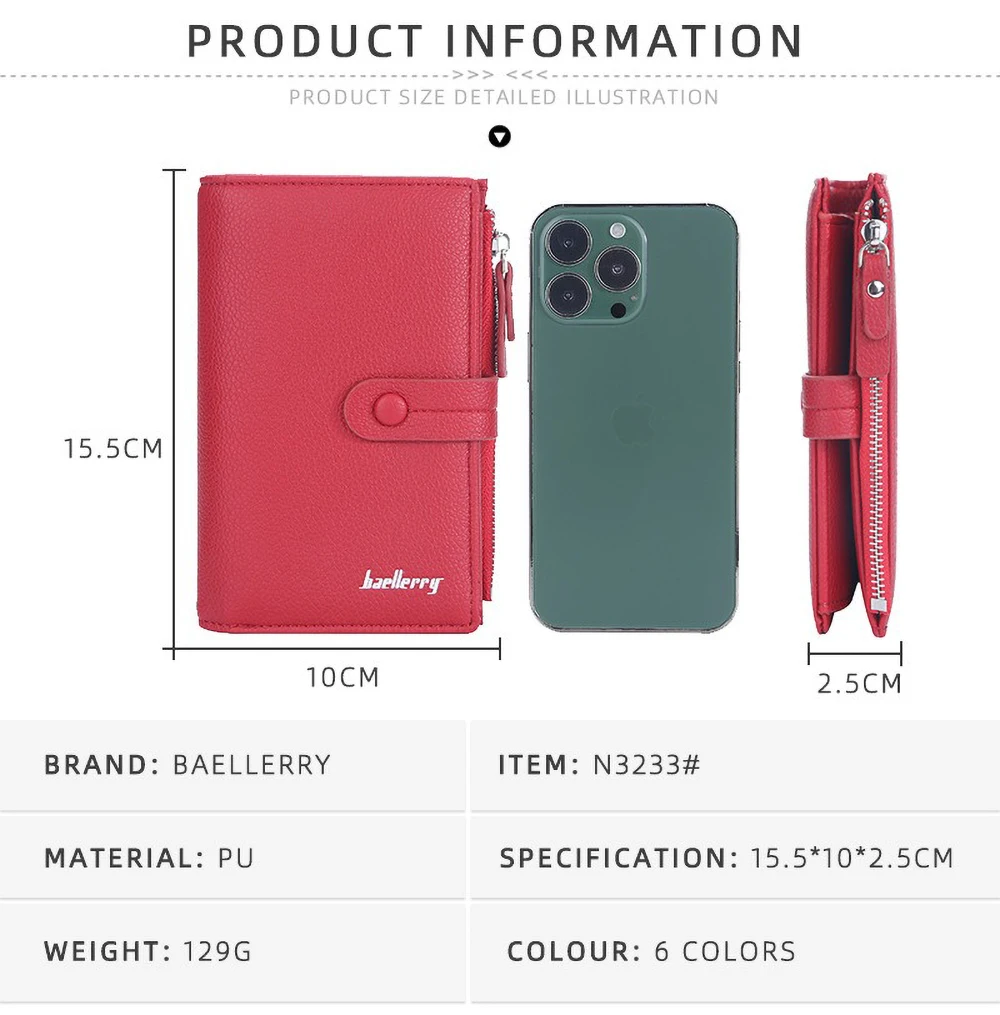 Baellerry 2025 Women's Long Wallet with Buckle - Litchi Grain Pu leather Multi Card Slots, Zipper Coin Pocket Gift