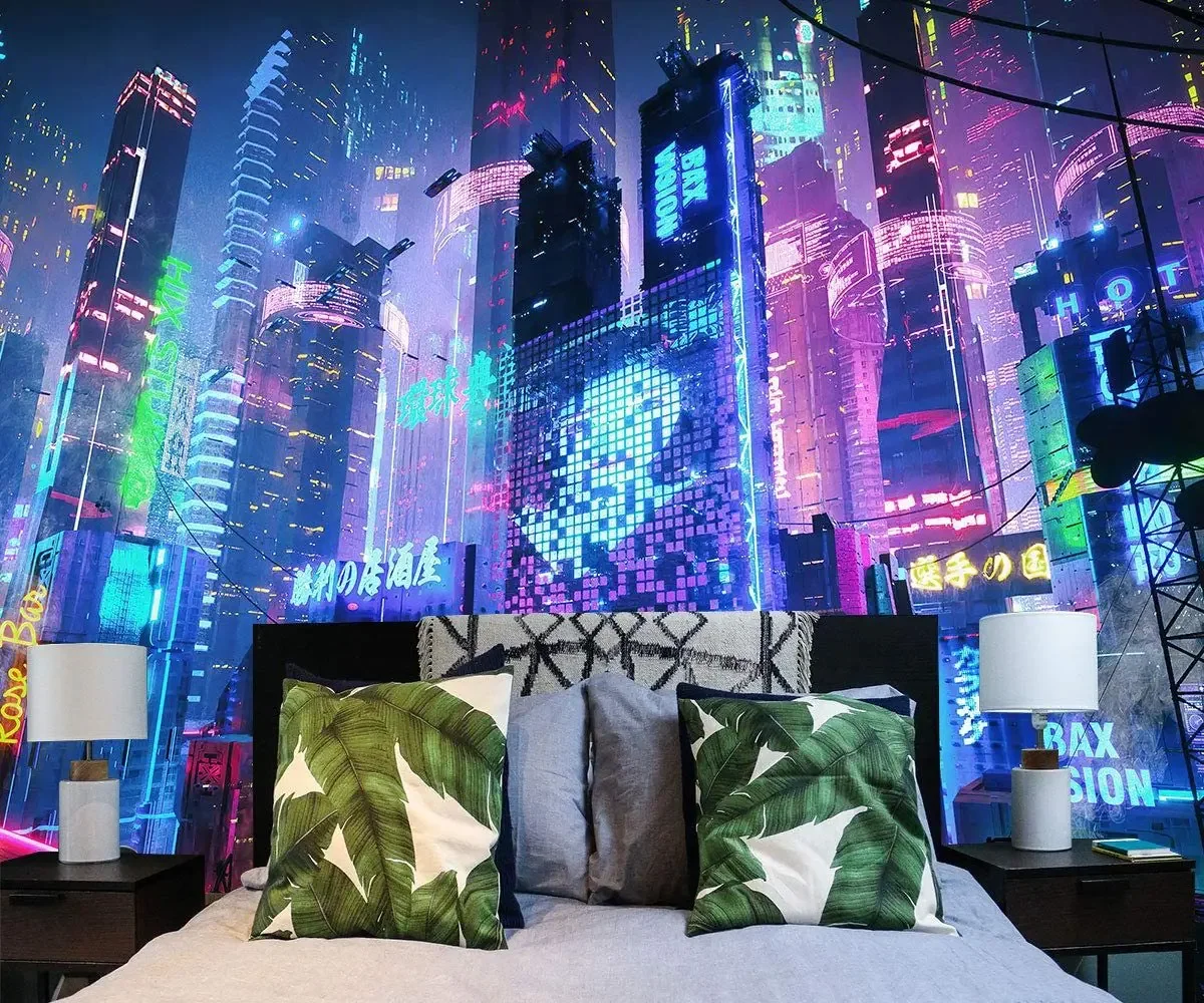Cyberpunk Neo Futuristic Poster Tapestry Psychedelic Fantasy City Cyberspace Neon Good Vibes Only Art Game Room Kids Bedroom