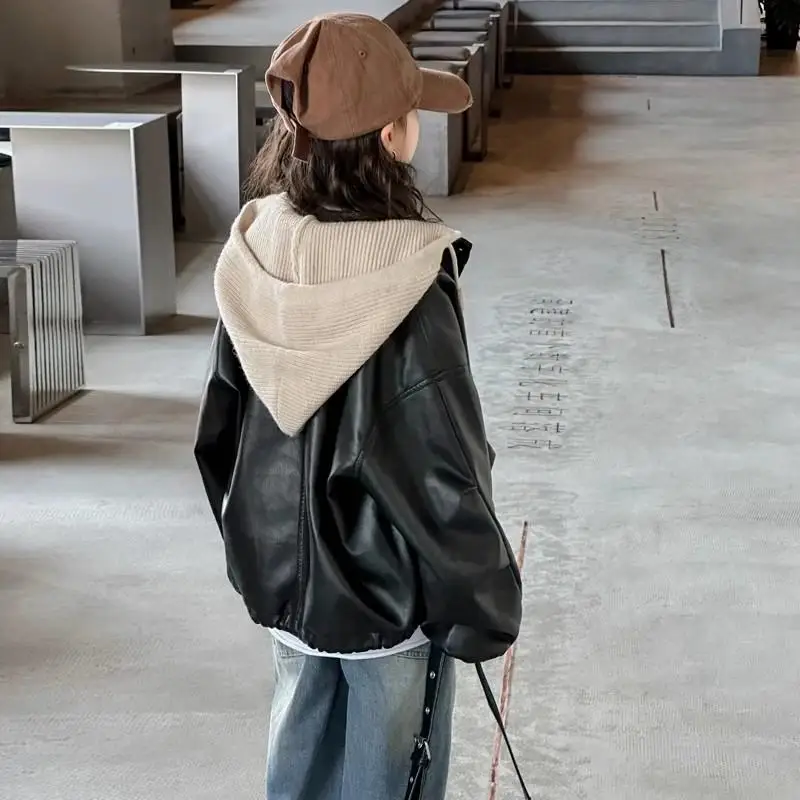 세련된 봄 가을 소녀용 바이커 재킷 아동용 패셔너블 가죽 코트 한국 버전 큰 아이 소녀용 트렌디 재킷