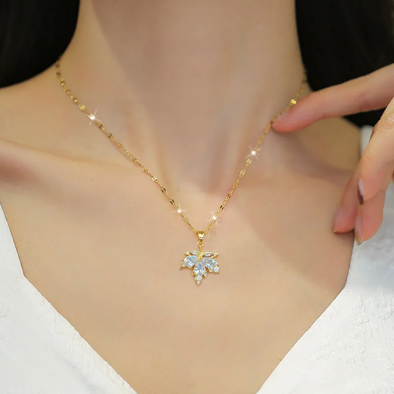 ZAKOL Luxury Shiny AAA Zircon Maple Leaf Engagement Jewelry Set Exquisite Titanium Steel Earring Necklace Sets For Women jewelry sets