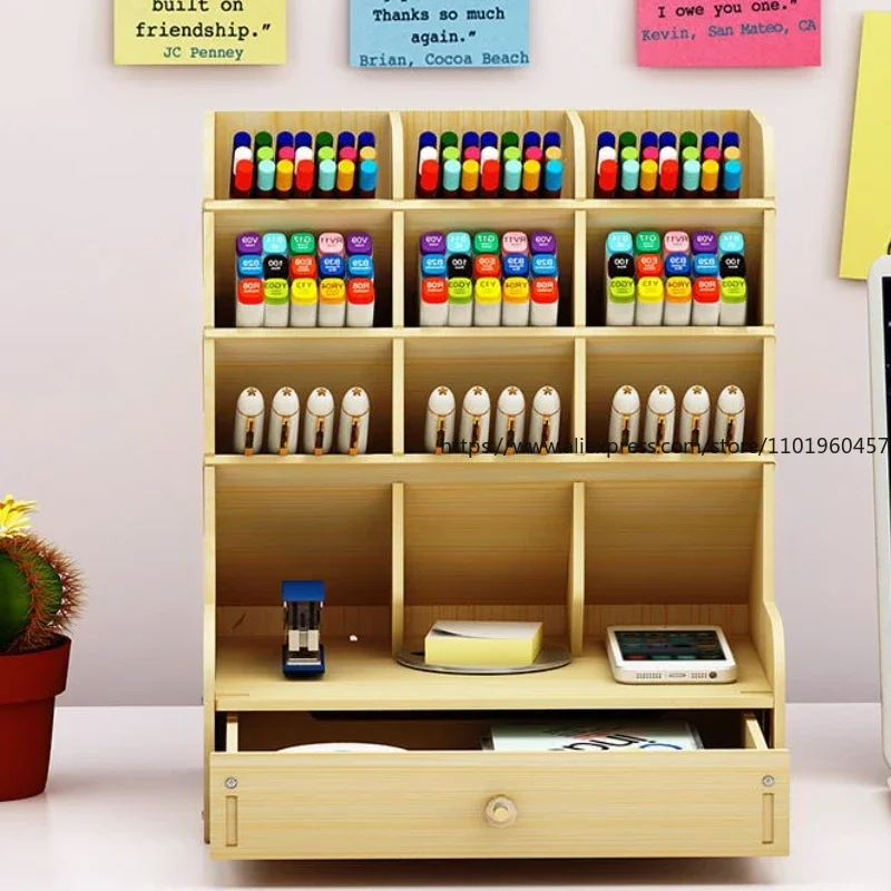 Wooden Pen Holder Desk Organizer Office Storage Box with Large Capacity and Multiple Compartments for Stationery Office Supplies