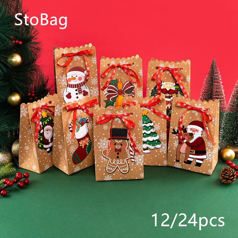 

StoBag 12pcs Christmas Gift Candy Ribbon Bag Packaging Chocolate Popcorn Bread Cookies Food Kids Party Supplies Spring Festival