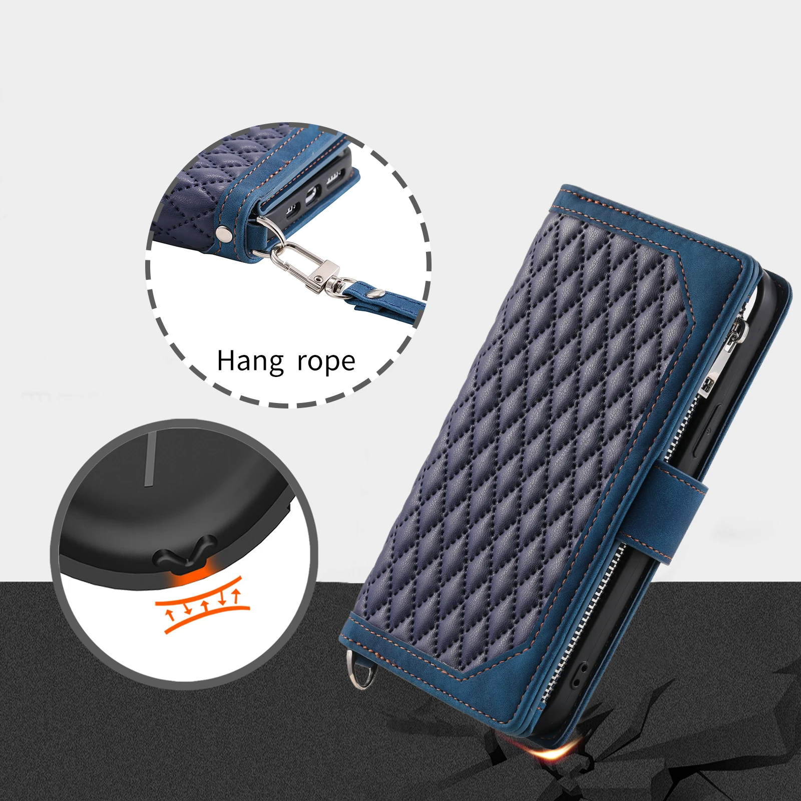 Crossbody Leather Wallet Case with Zipper Pocket and Long Lanyard - Grid Pattern Cover