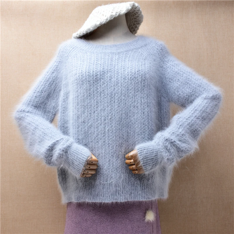 

Female Women Fall Winter Clothing Grey Striped Hairy Angora Rabbit Hair Knitted O-Neck Short Style Loose Pullover Sweater Jumper