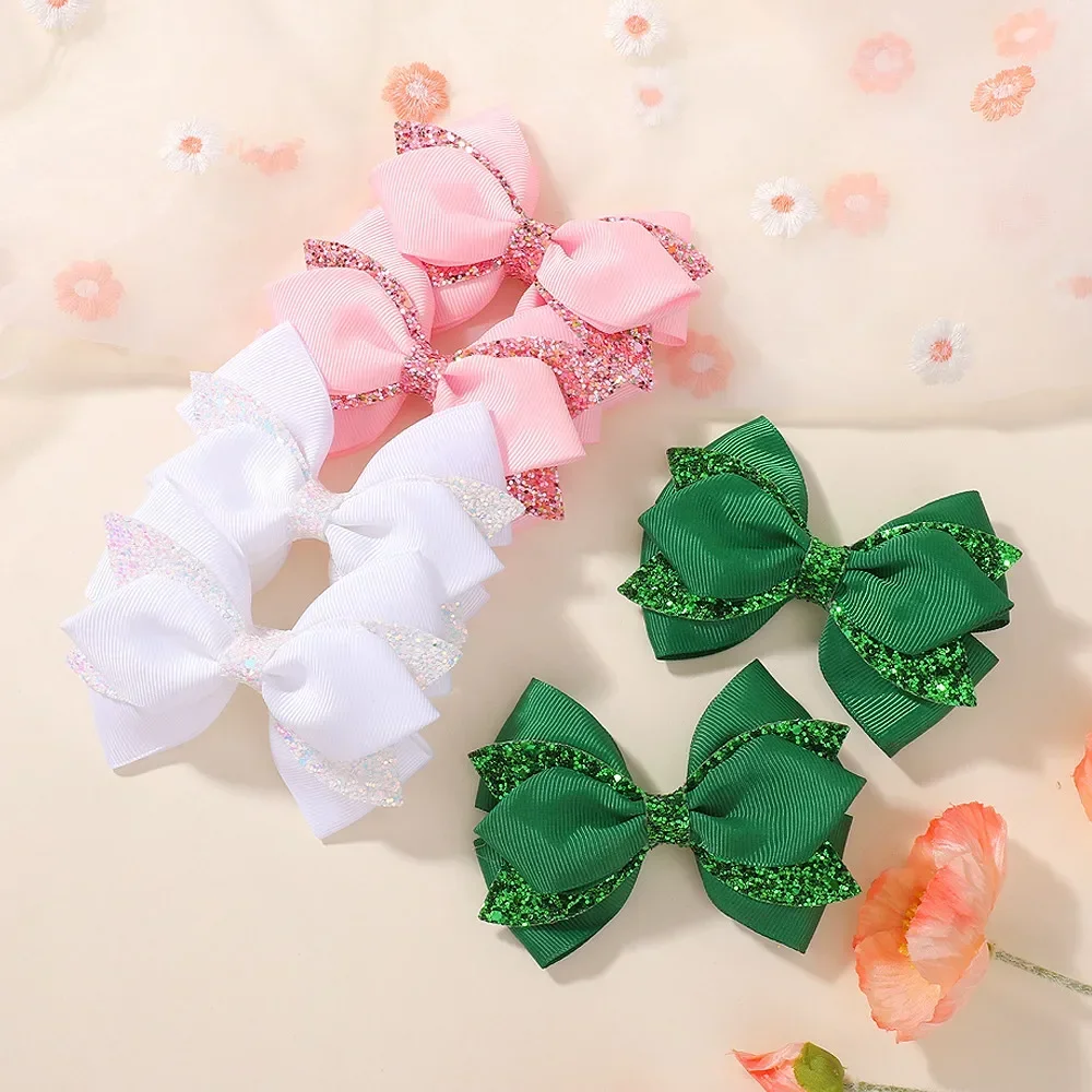 2 Teile/satz Bunte Party Bowknot Band Haar Clips für Mädchen Glitter Haar Pony Hairgripes Schöne Einfarbig Haarspange – Detail 3