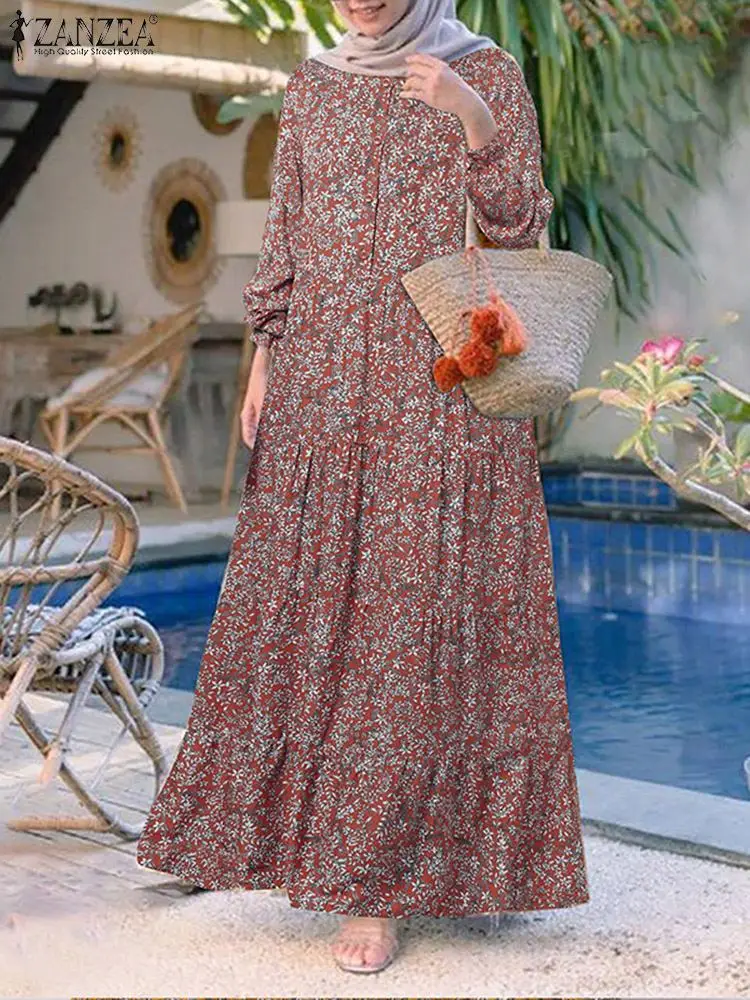 2023 ZANZEA Fashion Floral Print Muslim Dress Women Casual Loose Ruffle Abaya Sundress Kaftan Robe Femme Vintage Maxi Vestidos