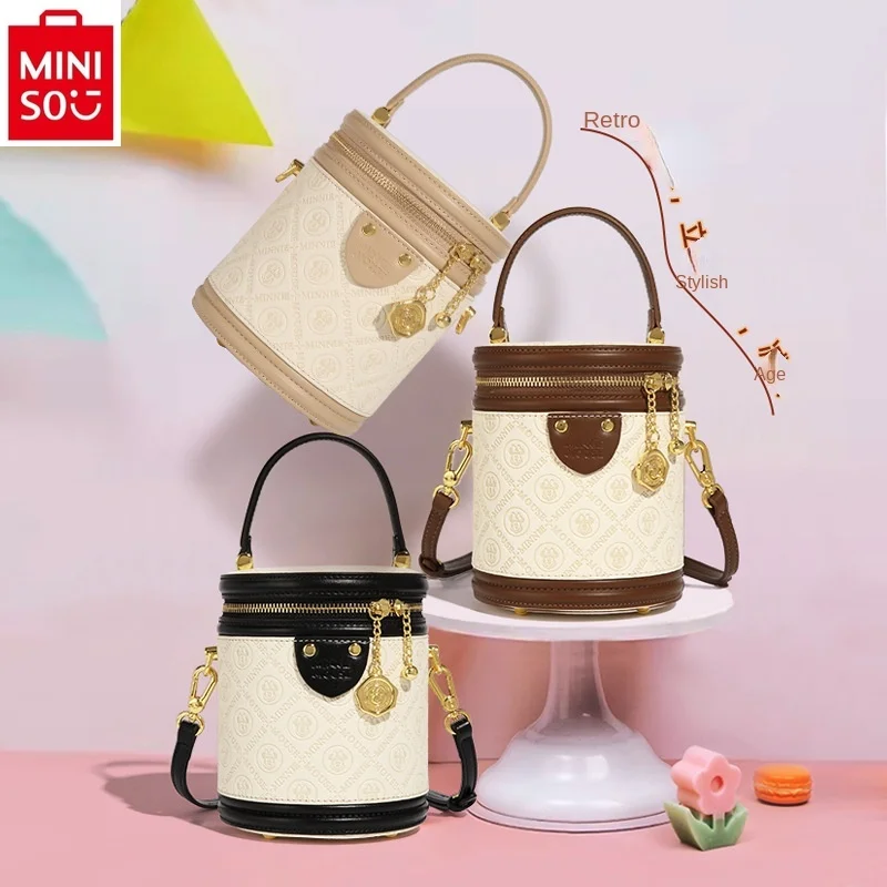 MINISO Disney Retro Fashion Luxury Brand Mickey Bucket Bag Women's Sweet and Versatile Large Capacity Round Bucket Bag