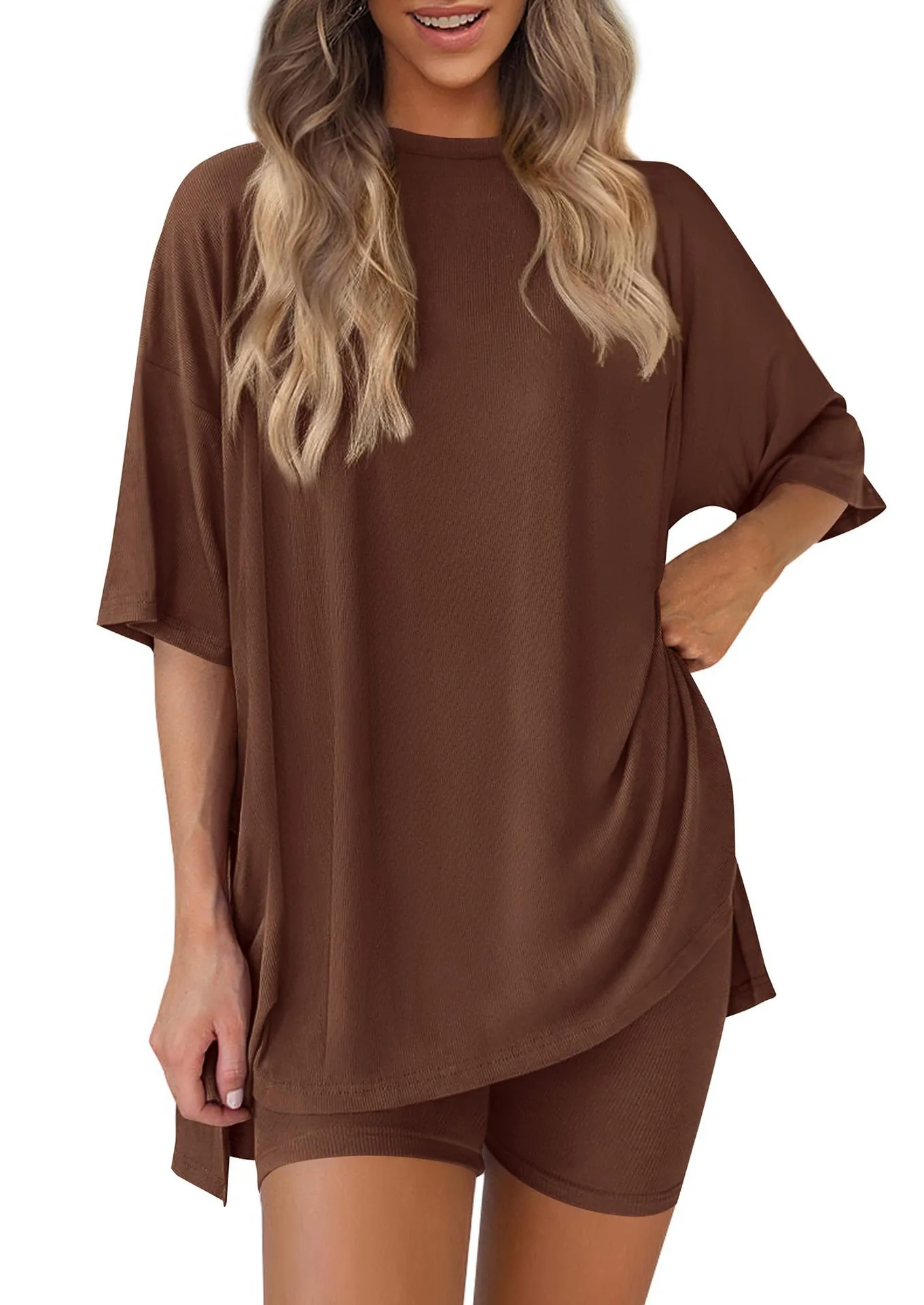 2026 Damen Oversize Zweiteiler Sommer Lässiges Lockeres T-Shirt und Biker-Shorts Set Loungewear – Detail 28