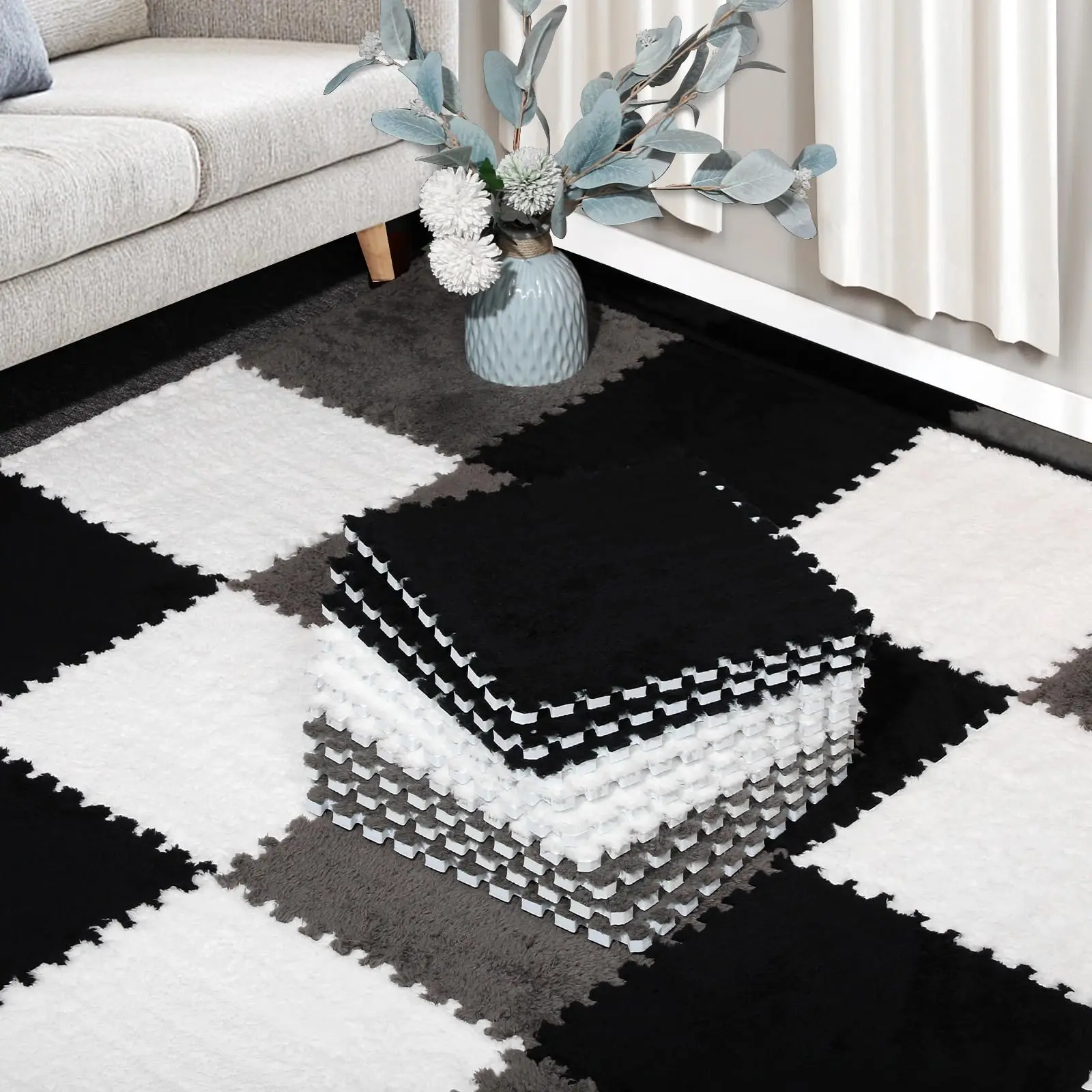 Soft Plush Baby Gym and Playmat 20pcs with Interlocking Foam Floor Mat and Puzzle Toy for Infants Toddlers Black grey