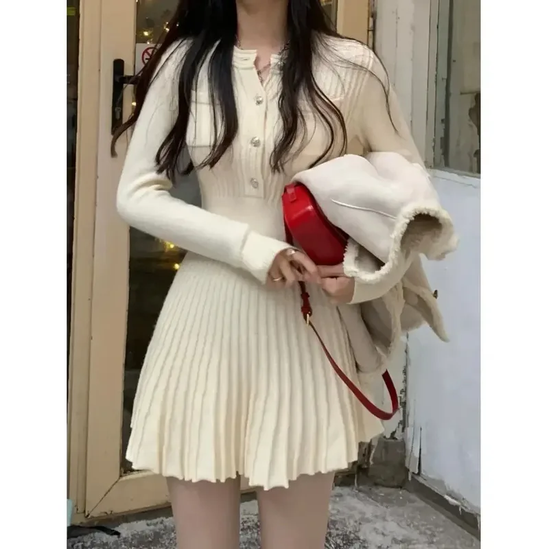 

Dresses Knitted New Pinched Chopped Bottom fashion Long Sleeve Cinched Waist Thin Versatile Autumn Winter slim