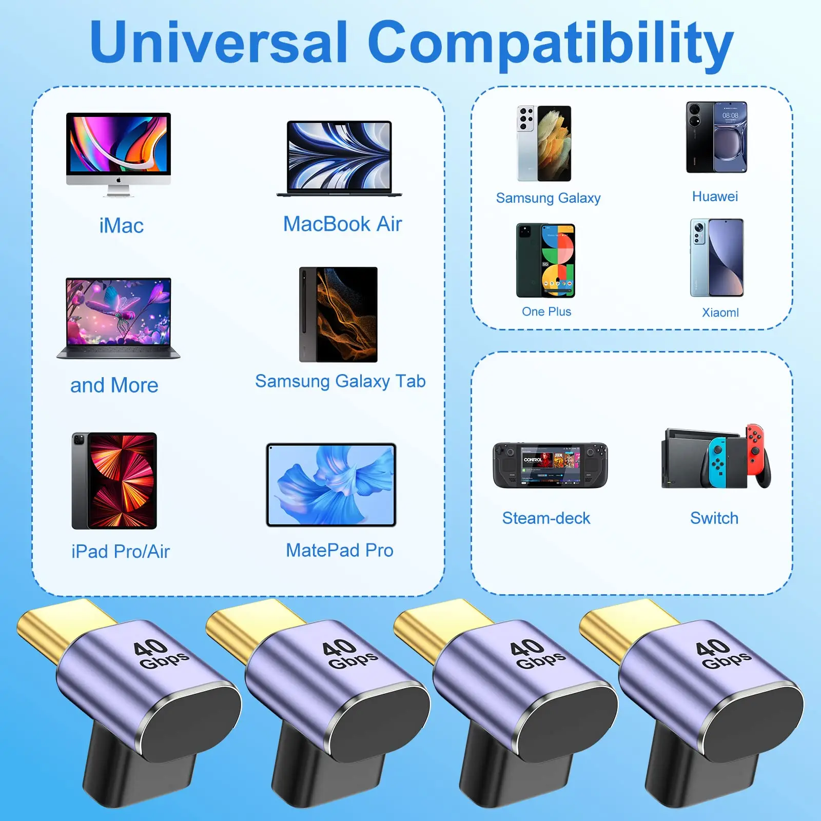 NNBILI USB C 90도 어댑터, USB4 40Gbps PD 100W 8K 60hz 비디오 충전 Thunderbolt 4 MacBook DeCK 스위치 VR과 호환 가능