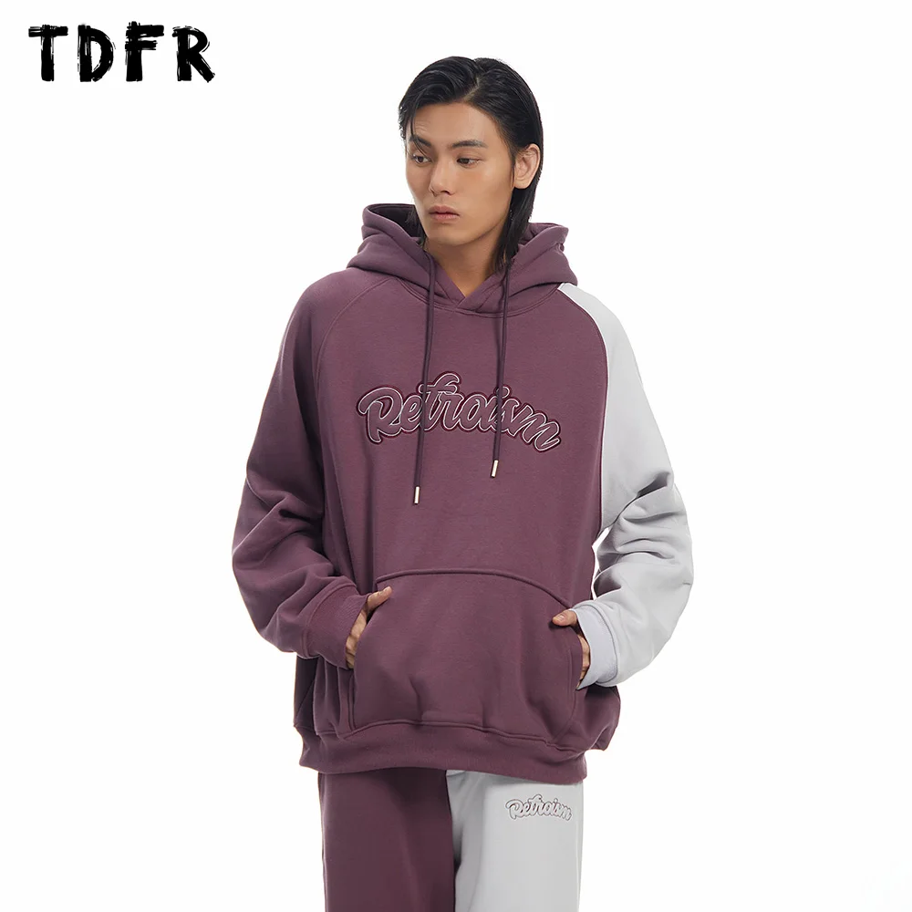 

Letter Embroidery Fleece Sweatshirts Mens Patchwork Autumn Winter Loose Long Sleeve Hoodies Men