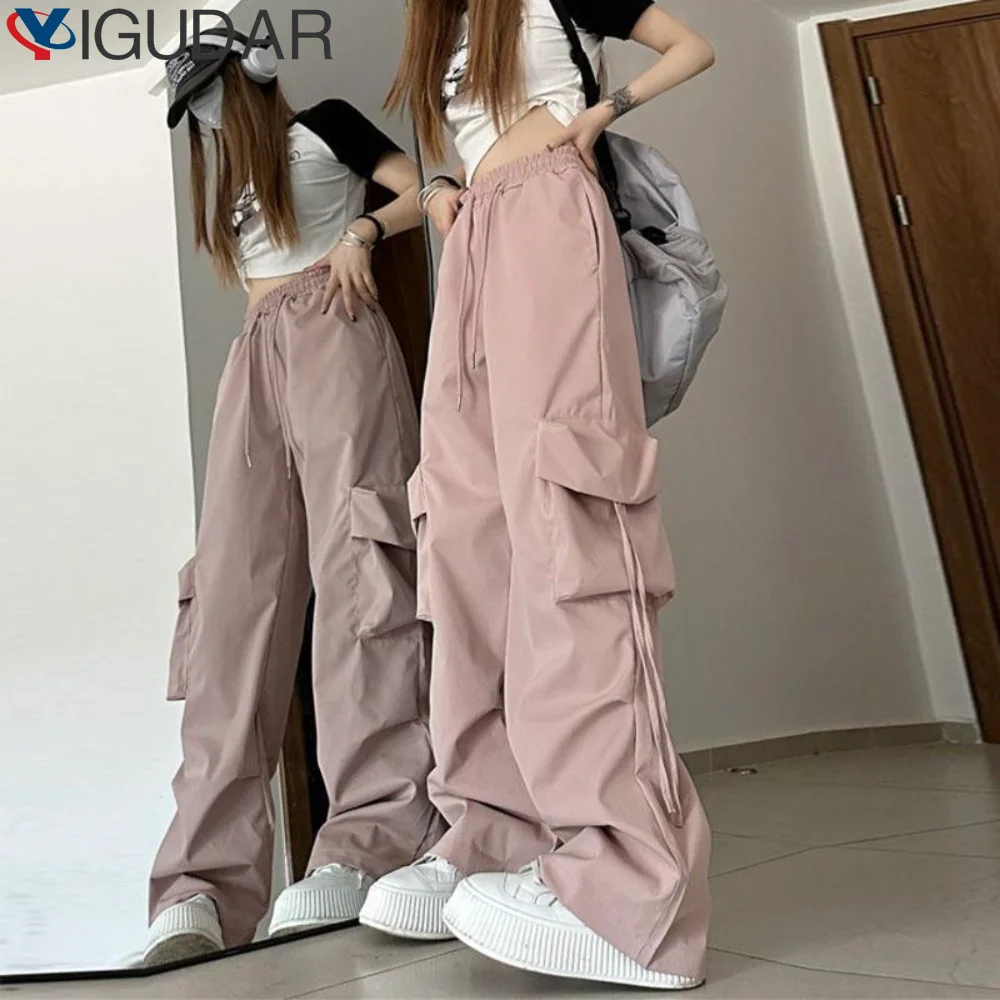 

Vintage Cargo Pants Women Pink Streetwear High Waist Casual Y2k Pants Women Baggy Korean Wide Leg Trousers 90s Loose Sweatpants