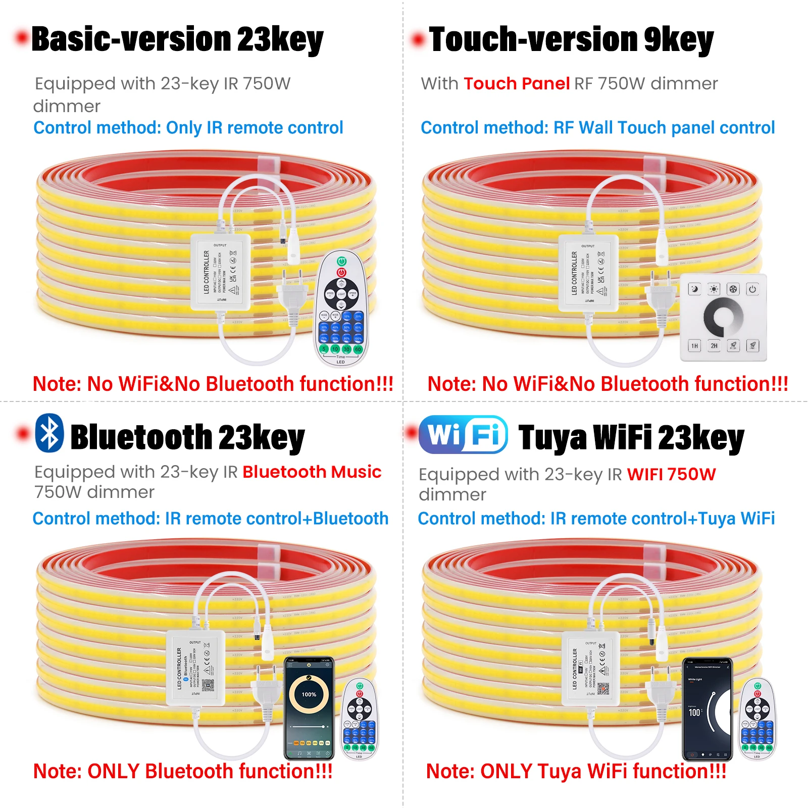 WiFi 블루투스 원격 제어 디밍이 가능한 220V COB Led 스트립 IP65 방수 접착제 유연한 리본 룸 야외 정원 조명