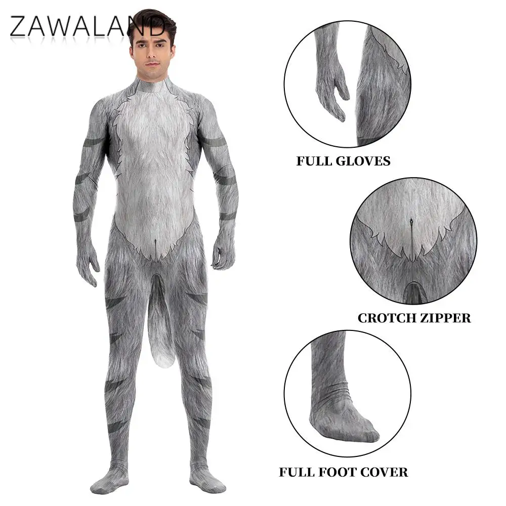 Zawaland Men Furry Petsuit Carnival Purim Cosplay Costume Animal Fancy Bodysuit Festival Party Disguise Catsuit Show Clothes