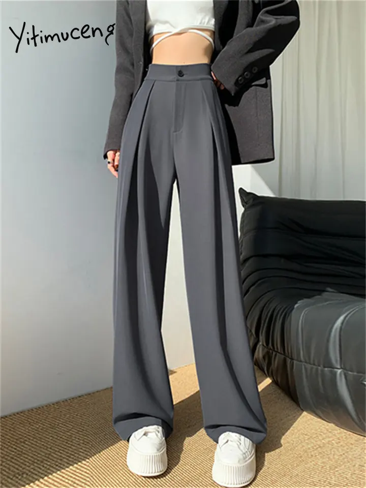 Fashion （gray）2021 Women's Long Trousers Elegant Ladies Office Wear Casual  Slim Fit High Waisted Ruched Pleated Wide Leg Pants Without Belt WJu