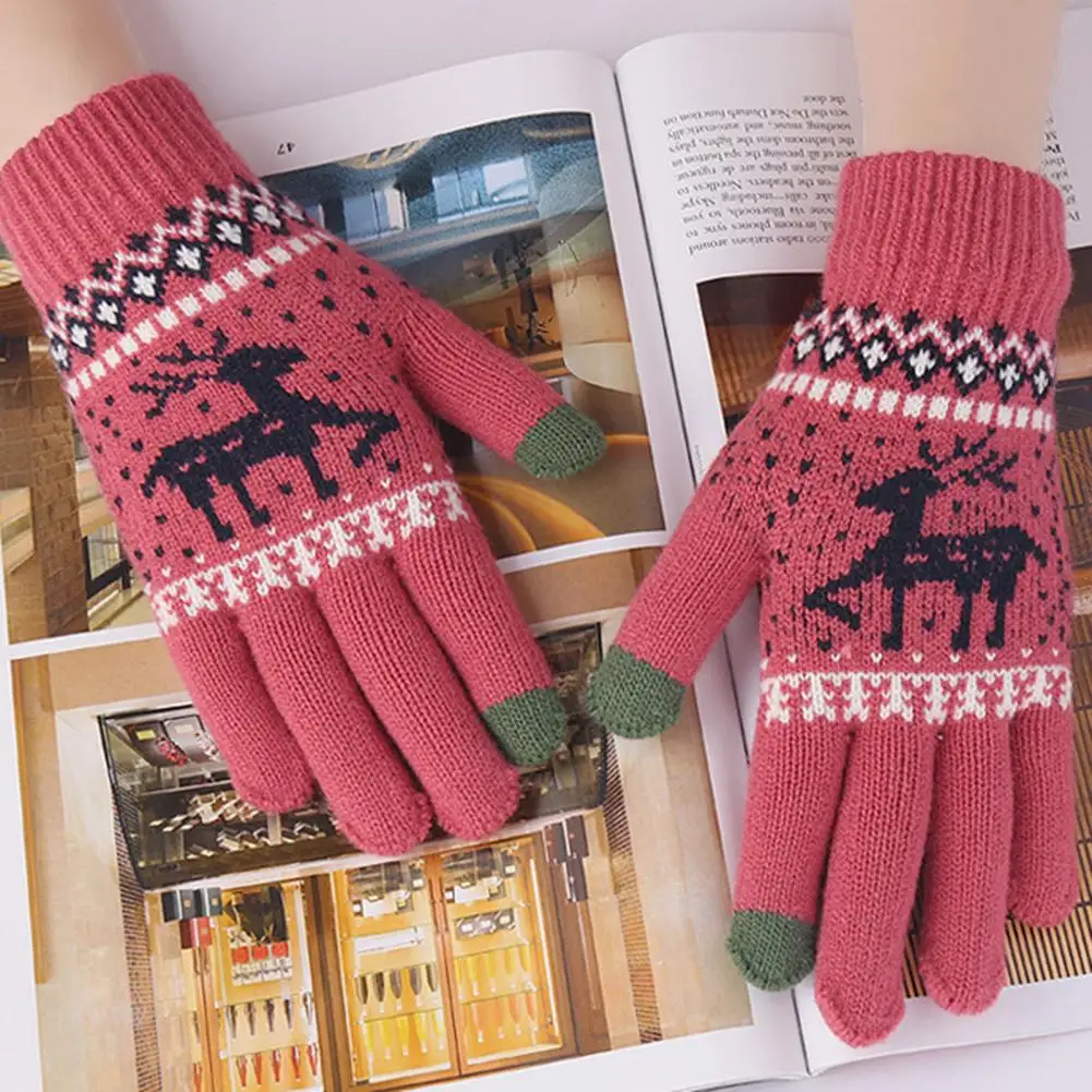 Christmas Gloves Winter Fleece Lining Knitting Gloves Warm Stretchy Mittens with Touch Screen Christmas Snowflake Deer Pattern 1