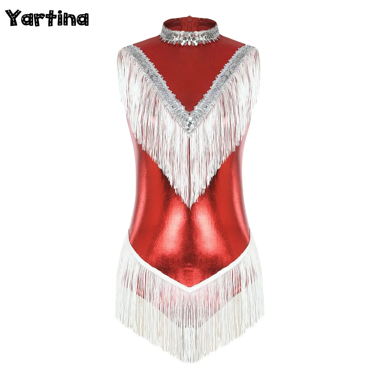 

Womens Metallic Ballet Latin Dance Performance Costume Fringed Bodysuit Shiny Sequins Mock Neck Tassel Leotard Jazz Dancewear