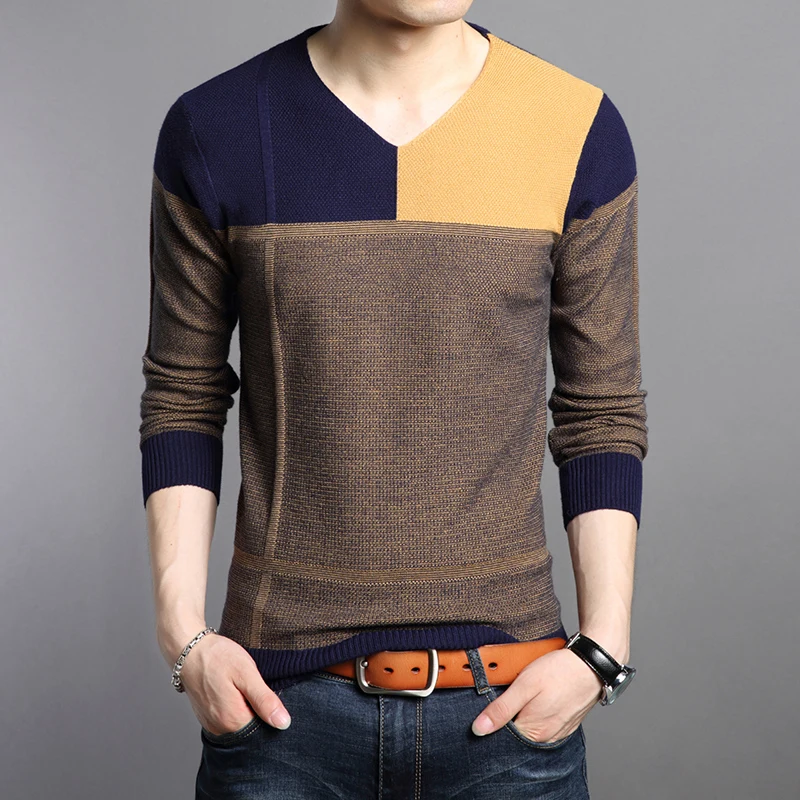 

Men's Winter Coats Autumn New Casual Patchwork Men's Sweater Fashion Slim Pullover Men V-neck Long Sleeve Mens Clothing