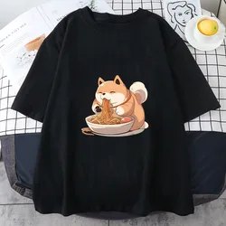 Shiba Inu Ramen Graphic T - Shirt - Women's Summer Harajuku Style Fashion Top - XXL (Black)