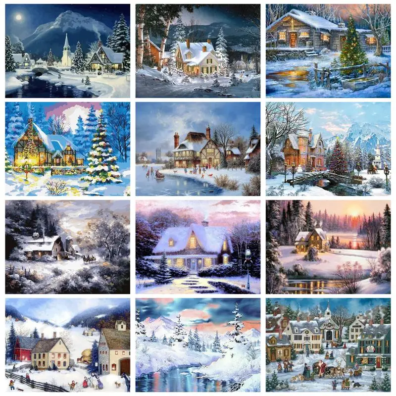 

RUOPOTY Modern Painting By Numbers Paint Kit Snow House Adults Crafts Winter Landscape Drawing By Numbers Home Decor Diy Gift