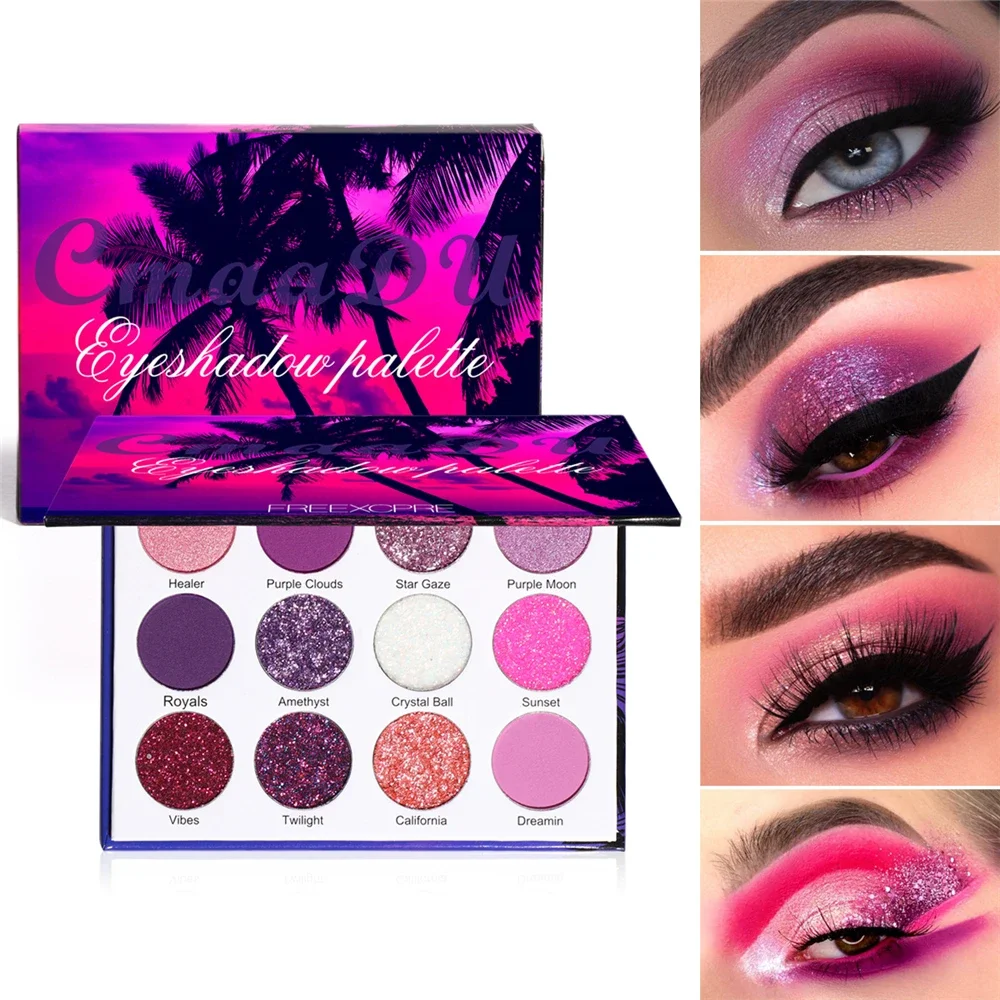 12 Colors Neon Pigments Matte Eyeshadow Palette Christmas Glitter Shiny Eyeshadow Makeup Purple Eye Shadow eye shadow eye shadow plate