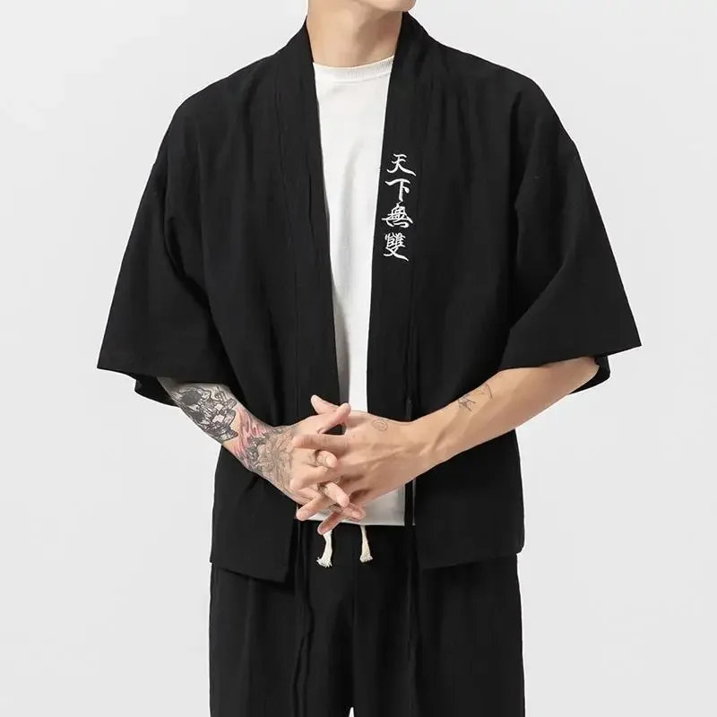 

Кимоно мужское из хлопка и льна, юката, жакет с вышивкой самурая, 4 цвета, в японском стиле, Интернет-магазин в Китае