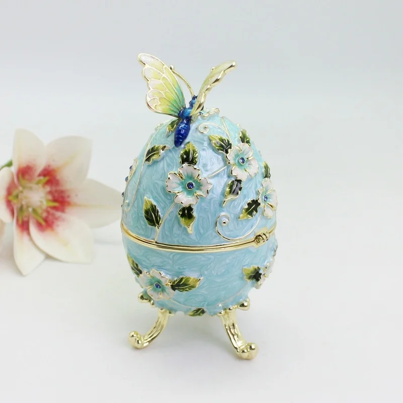SHINNYGIFTS Schmetterlings-Osterei-Schmuckkästchen im Faberge-Ei-Stil mit Scharnier, Schmuckschatulle aus Metall für Heimdekoration, Ostergeschenke – Detail 7