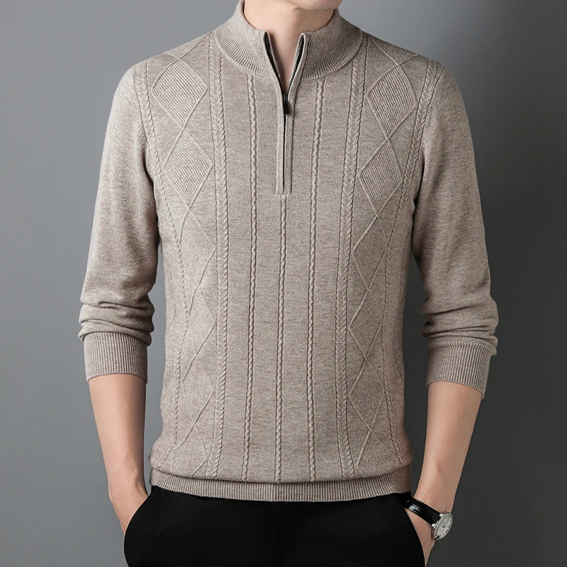 

100% Wool Sweater 2023 Winter Rhombu Jacquard Thickened Half-High Collar Zipper Fashionable Knitted Sweaters Pullover Men Woolen