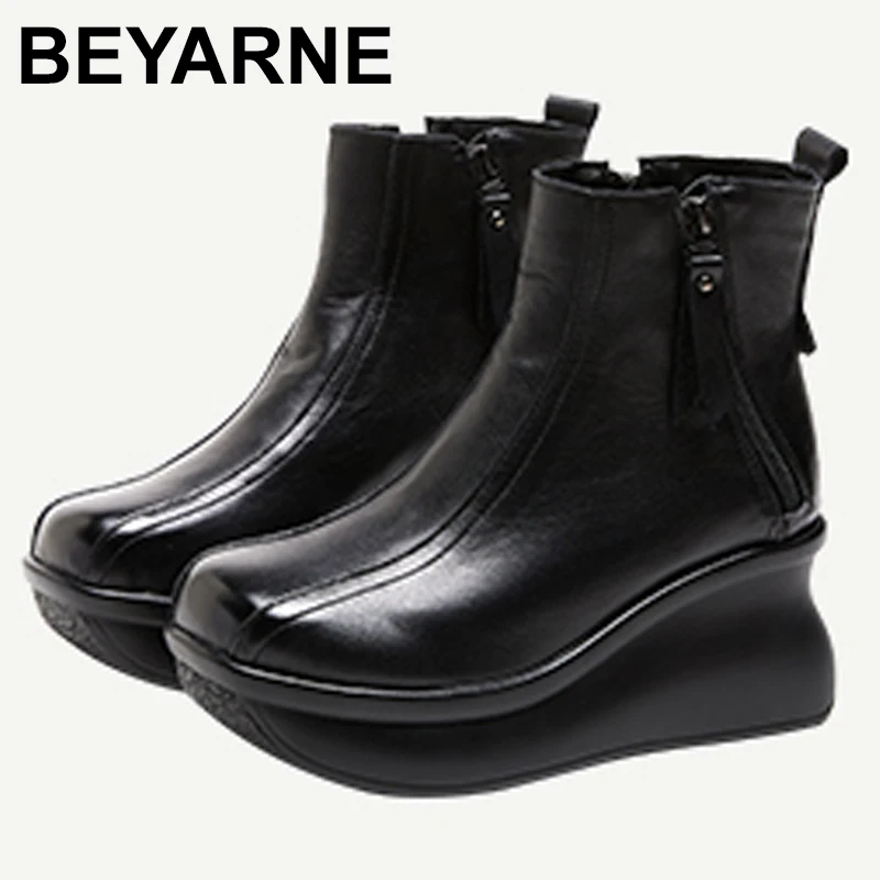 

7CM New Genuine Leather Women Autumn Mid Calf Booties Motorcycles Fashion Boots Spring Winter 2024 Plush Warm Ankle Shoes