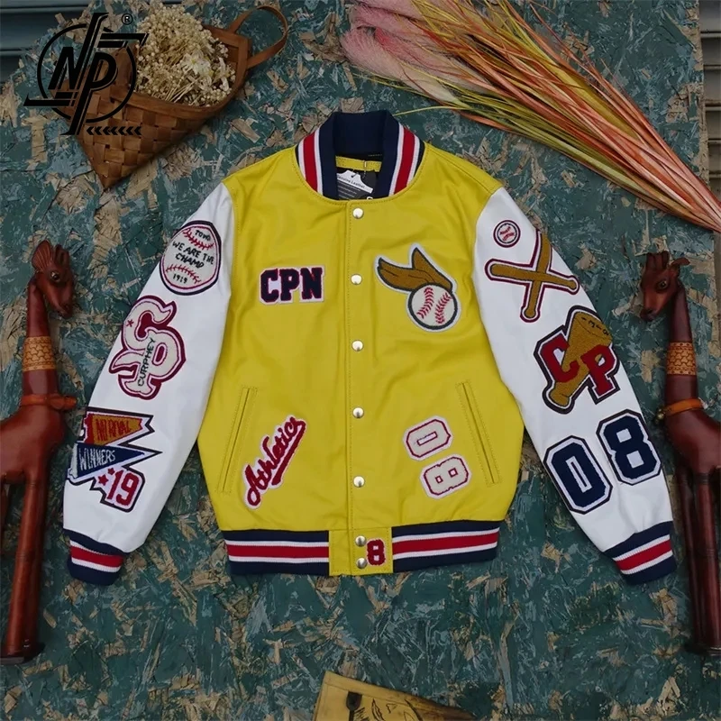 

Heavy Industry Embroidery Cowhide Soft Calfskin +Sheepskin Leather Jacket Men's Slim-Fit Stand-Up Collar Yellow Baseball Uniform